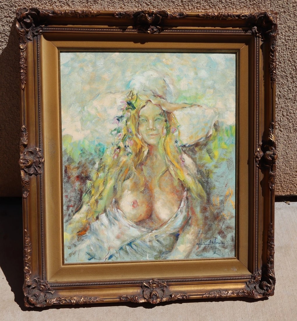 Rita Asfour ORIGINAL OIL PAINTING Half Dressed Beauty in Hat w/ Flowers in Hair - 2