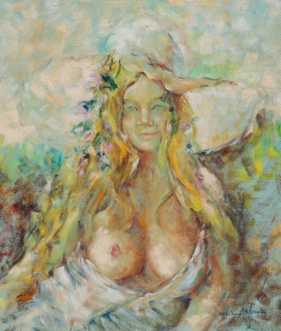 Rita Asfour ORIGINAL OIL PAINTING Half Dressed Beauty in Hat w/ Flowers in Hair - 3
