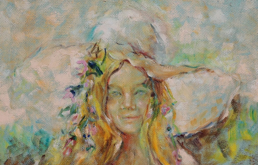 Rita Asfour ORIGINAL OIL PAINTING Half Dressed Beauty in Hat w/ Flowers in Hair - 4