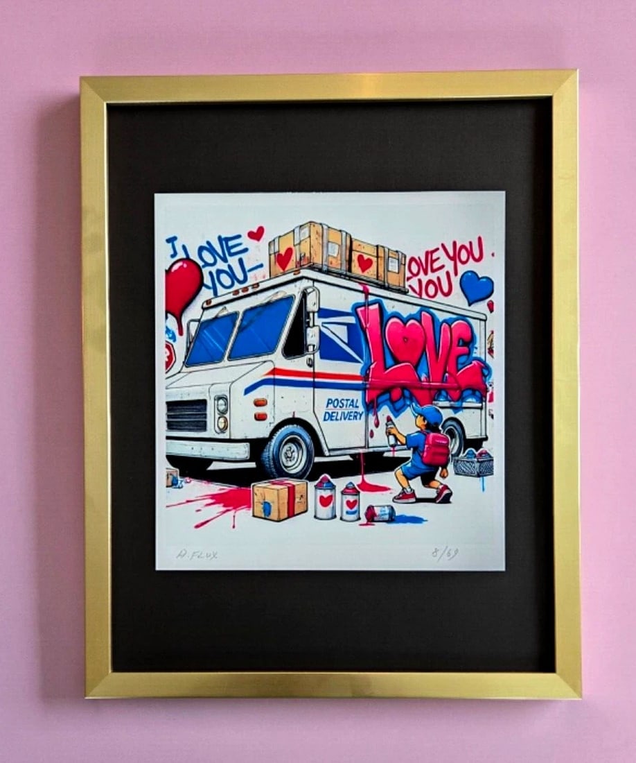 AIDAN FLUX | Hand Signed Original Print Framed Ltd. Ed. COA " I LOVE YOU ": This is a Stunning and Scarce 100% Authentic New Print by Aidan Flux AIDAN Flux represents a new wave of artists who embrace technology as a partner in creation, crafting works that resonate with the 