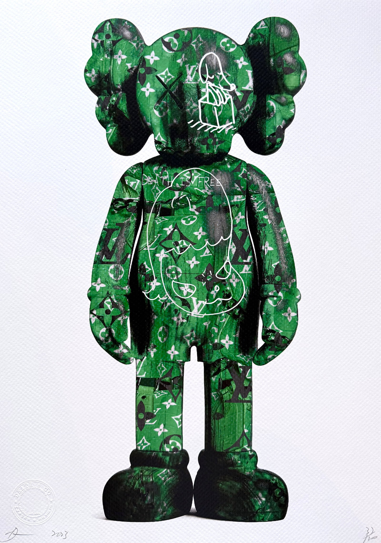 Death NYC KAWS Louis Vuitton: Title: Death NYC KAWS Louis Vuitton Date/Period: 21st Century Materials:Giclee on Fine art 300 gsm paper Size:17 3/4 x 12 1/2 inches Description:Artist: Death NYC, limited edition giclee on paper,