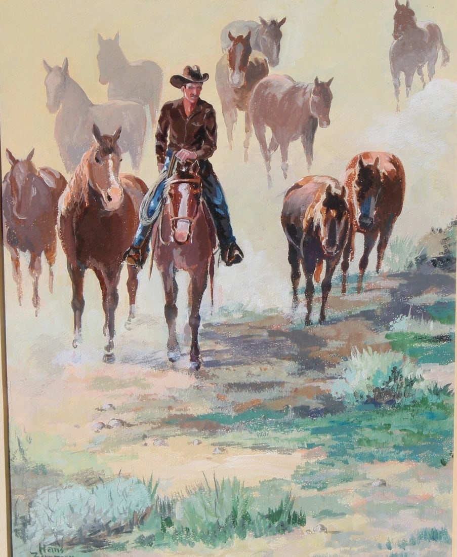 HANS JOSEF ZIMMER Rare Tempera painting Cowboy Riding with Wild Horses Exhibited - 4
