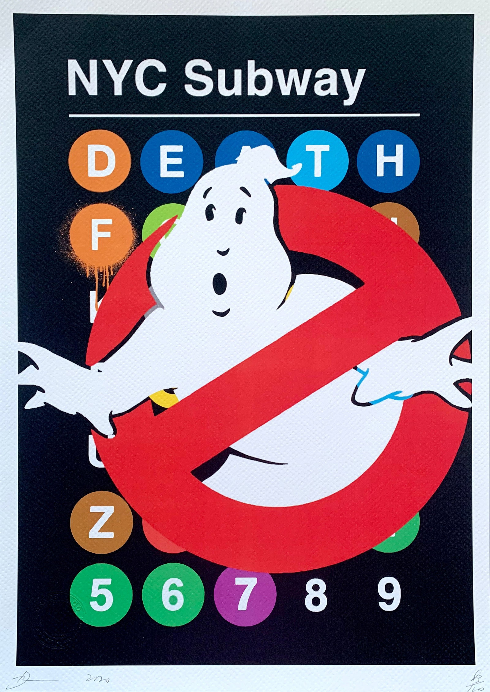 Death NYC Ghostbusters: Title: Death NYC Ghostbusters Date/Period: 21st Century Materials:Giclee on Fine art 300 gsm paper Size:17 3/4 x 12 1/2 inches Description:Artist: Death NYC, limited edition giclee on paper, out of ed