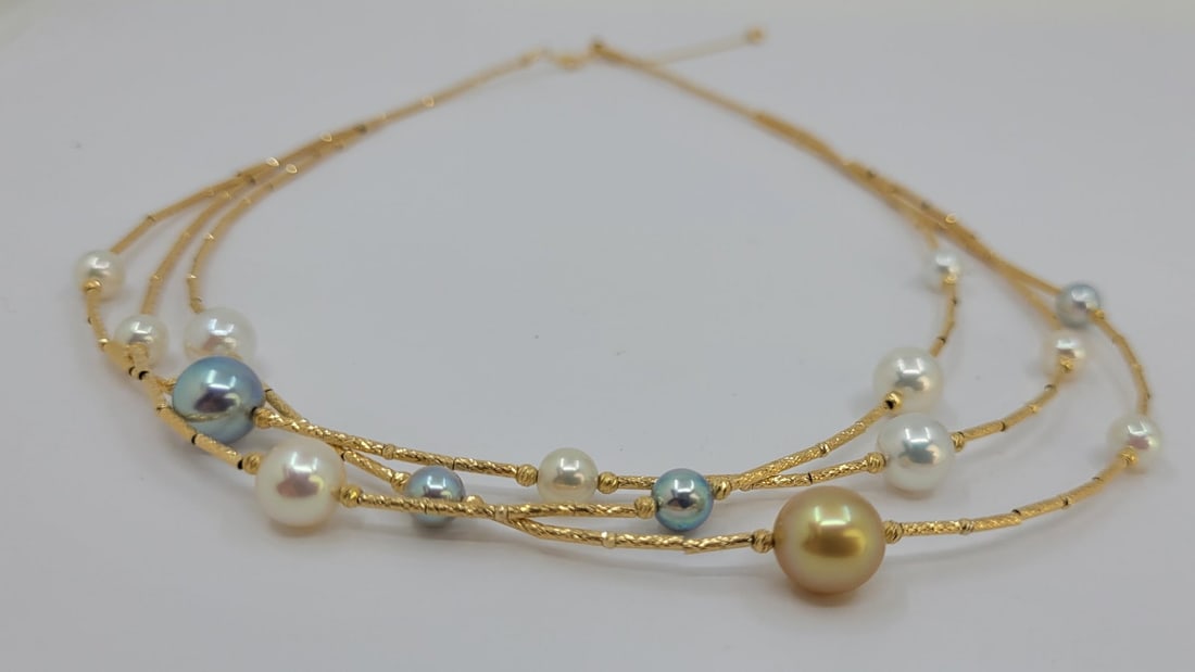 Necklace - 18 kt. Yellow gold - 5x9 mm Akoya pearls - 5