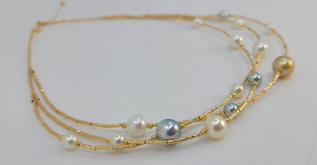 Necklace - 18 kt. Yellow gold - 5x9 mm Akoya pearls - 7