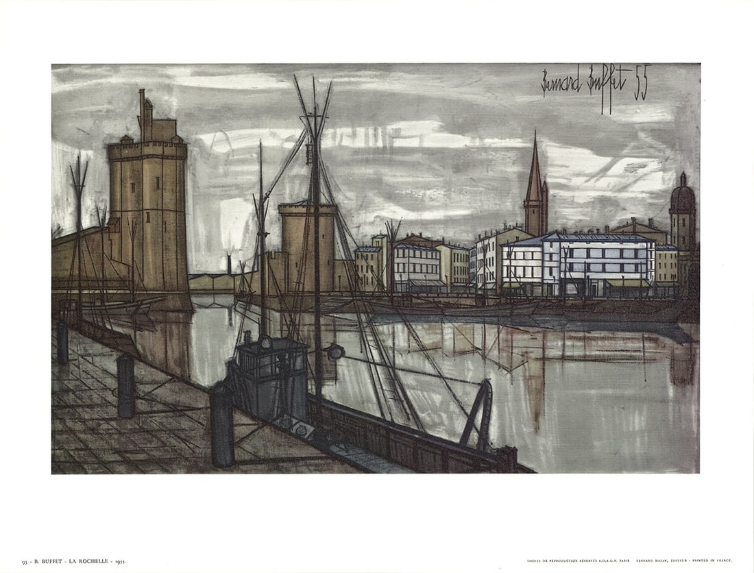 La Rochelle: La Rochelle by Bernard Buffet, Unsigned Offset Lithograph. Paper size is 9.5 x 12.5 inches, with an image size of 6.75 x 10.75 inches. The Offset Lithograph is from an unknown edition size. and is