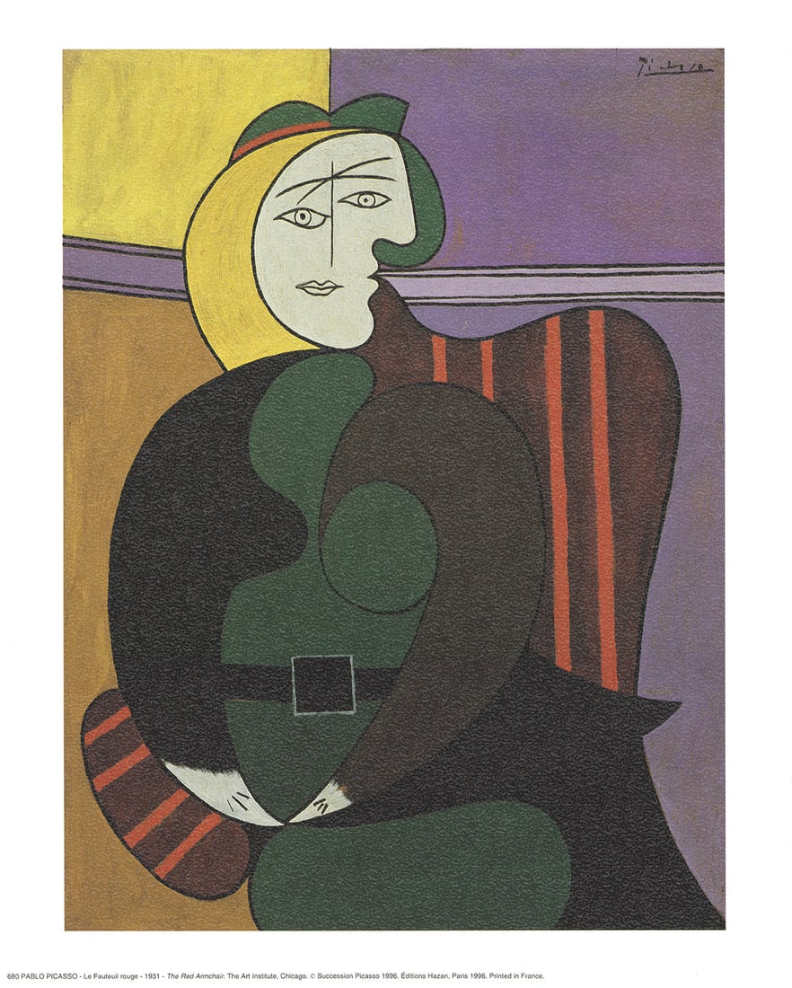 The Red Armchair: The Red Armchair by Pablo Picasso, 1996 Unsigned Offset Lithograph. Paper size is 12 x 9.5 inches, with an image size of 10.5 x 8 inches. The Offset Lithograph is from an unknown edition size. and is