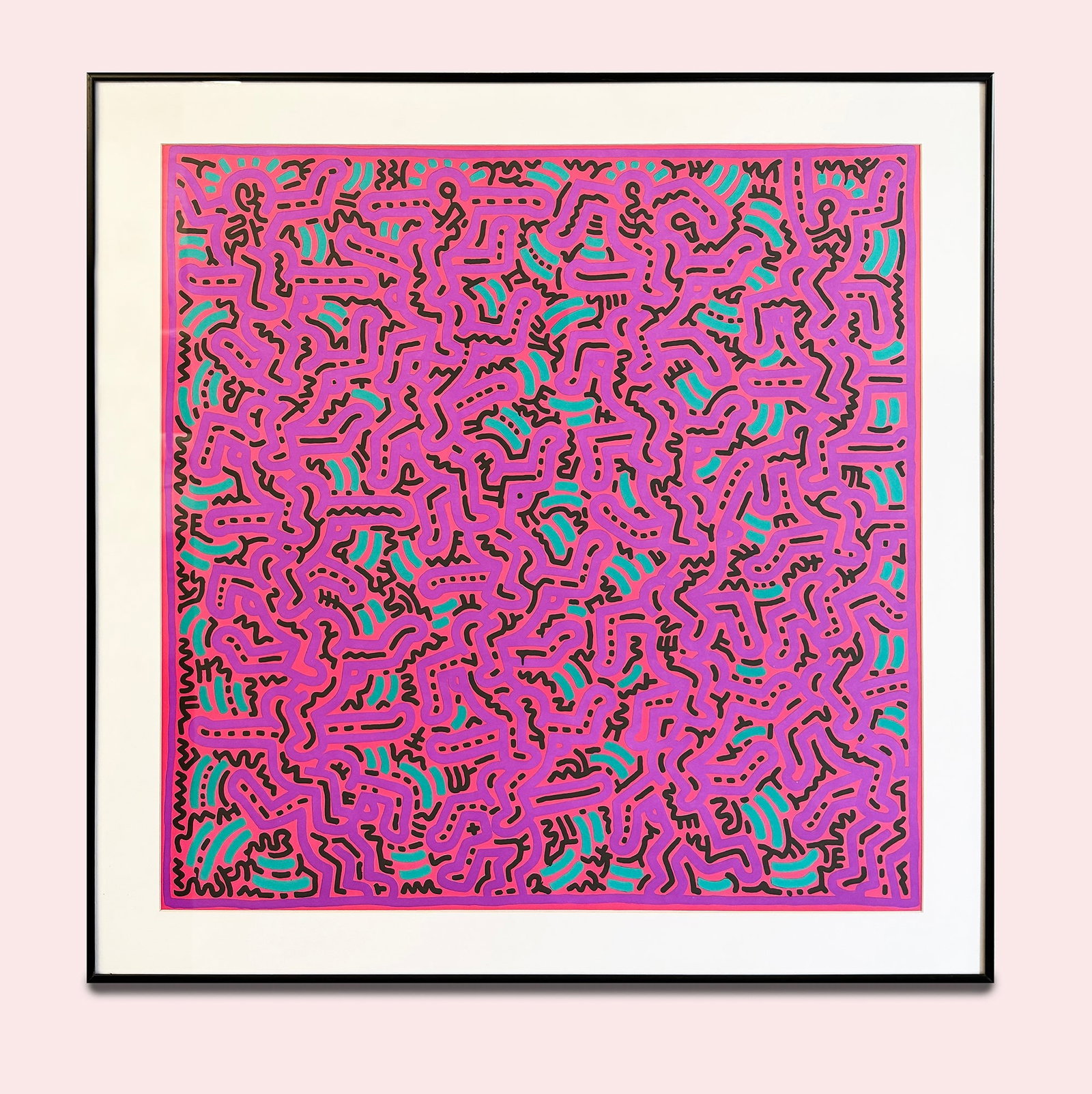 Untitled: Untitled by Keith Haring, 1984 Unsigned Offset Lithograph. Paper size is 27.25 x 27.25 inches, with an image size of 23 x 23 inches. The Offset Lithograph is from an unknown edition size. and is