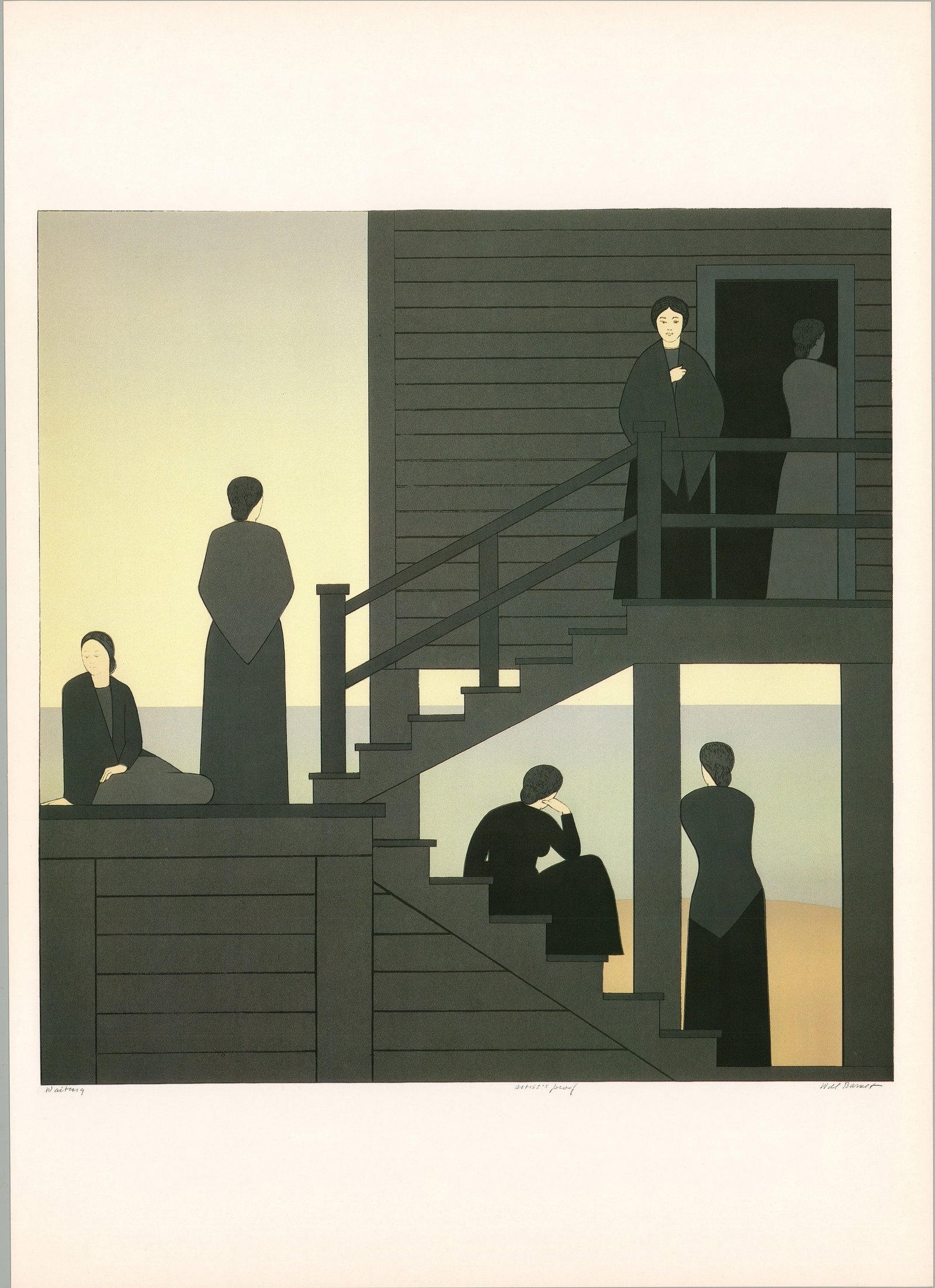Waiting: Waiting by Will Barnet, 1975 Unsigned Offset Lithograph. Paper size is 16 x 11.5 inches, with an image size of 10.75 x 10.5 inches. The Offset Lithograph is from an unknown edition size. and is not