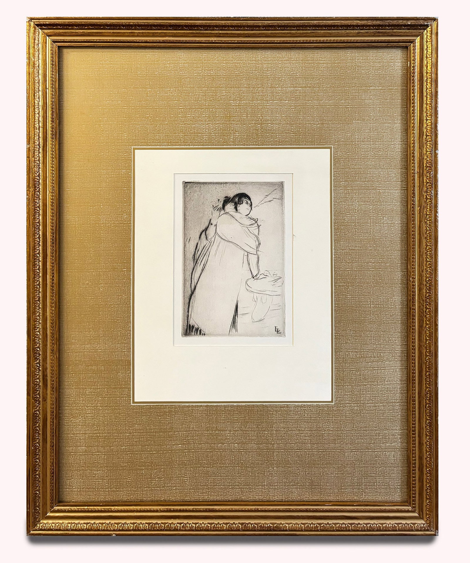 Woman Smoking: Woman Smoking by Louis Legrand, 1910 Unsigned Etching. Paper size is 20 x 15.75 inches, with an image size of 6 x 4 inches. The Etching is from an unknown edition size. and is currently framed. The co