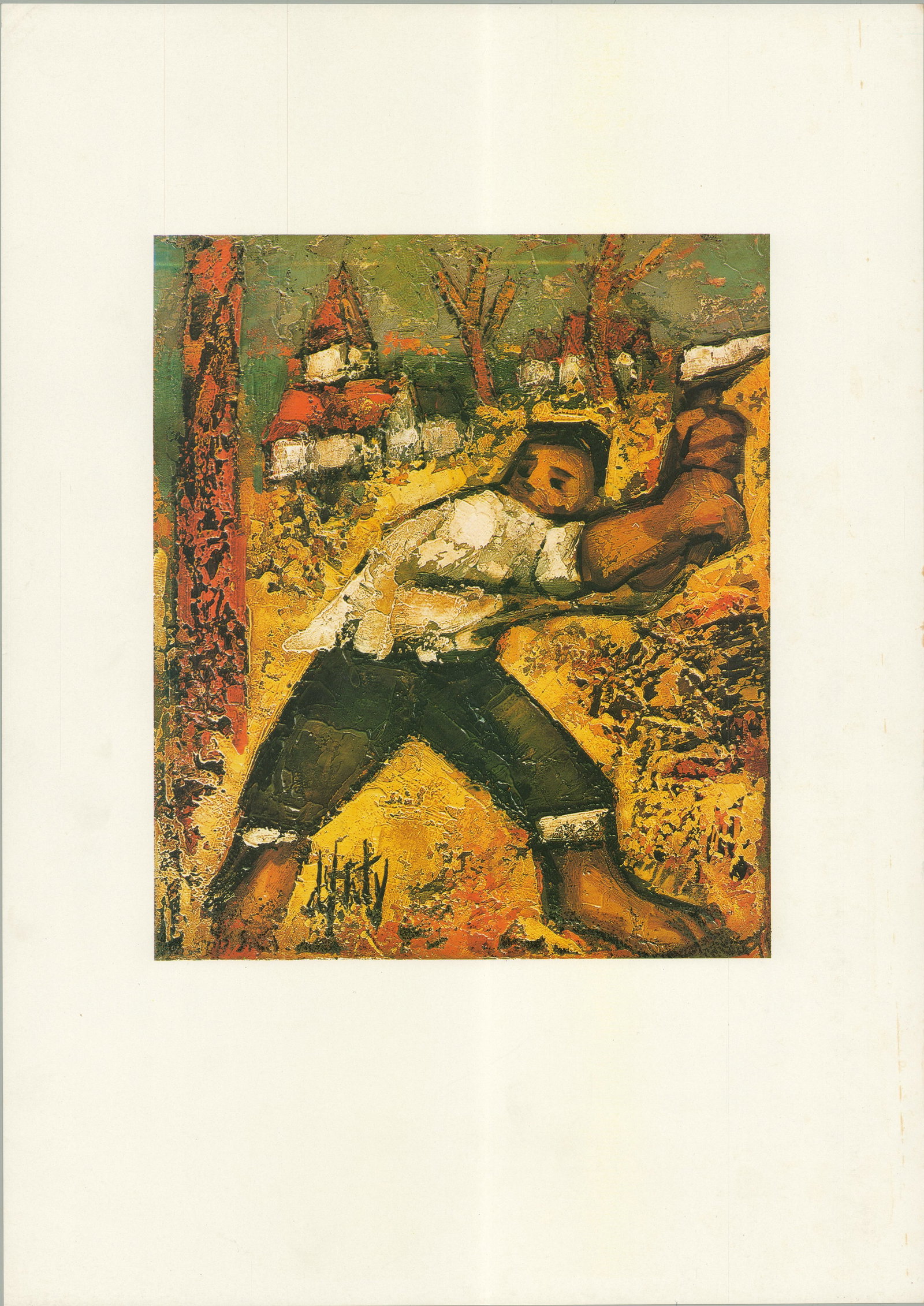 Woodcutter: Woodcutter by Artist Unknown, 1976 Unsigned Offset Lithograph. Paper size is 17.75 x 12.5 inches, with an image size of 9.75 x 8.25 inches. The Offset Lithograph is from an unknown edition size. and