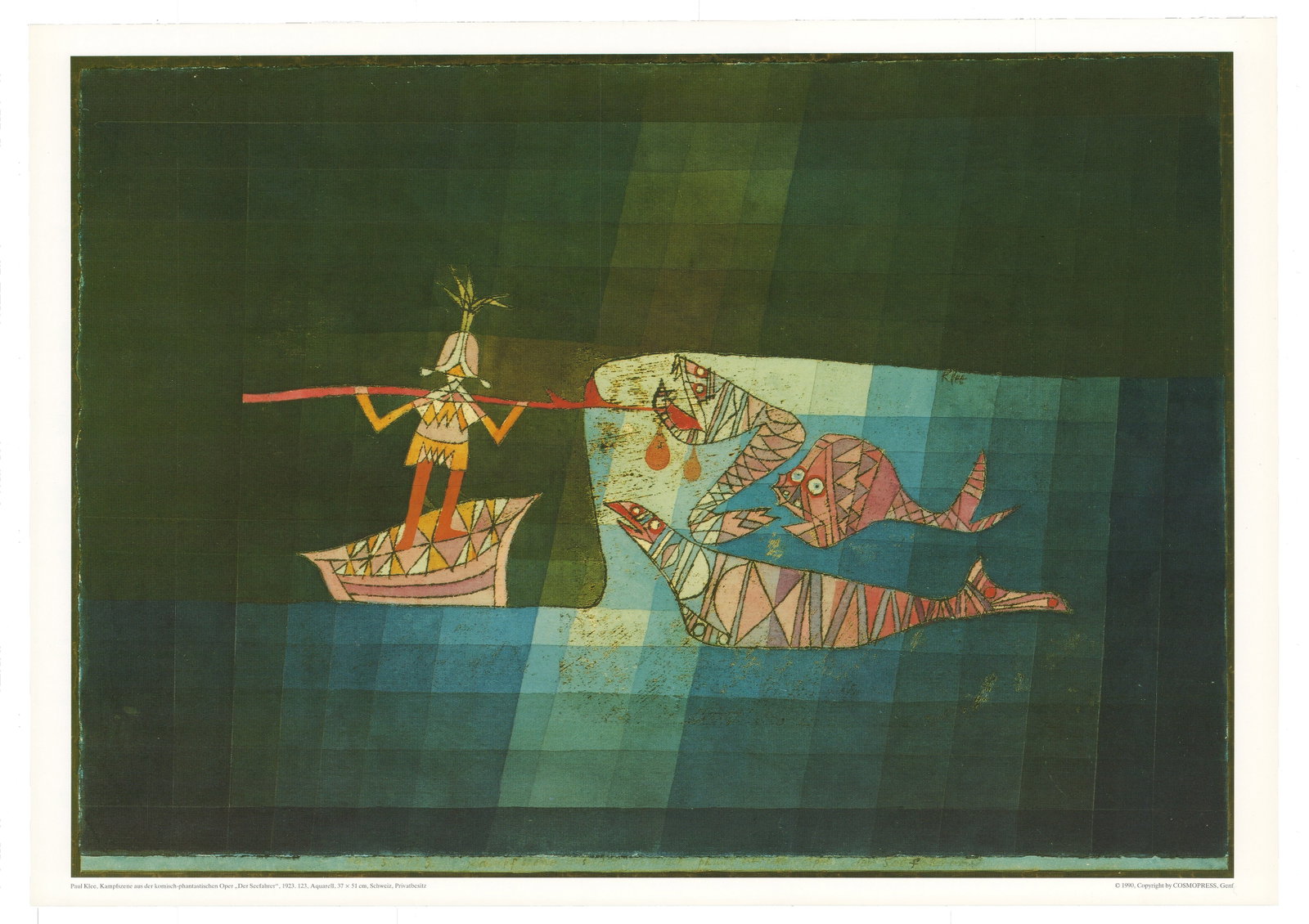 Sinbad the Sailor" (also known as "The Seafarer"): Sinbad the Sailor\ (also known as \"The Seafarer\")" by Paul Klee, 1990 Unsigned Offset Lithograph. Paper size is 12 x 17 inches, with an image size of 11 x 15.75 inches. The Offset Lithograph is