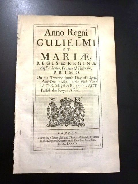 1689 English Act Conspiring Against Government: Title: 1689 English Act Conspiring Against Government Additional Info: An English Act of Parliament passed in 1689 during the reign of William and Mary, printed here 1689 by Charles Bill and Thomas Ne