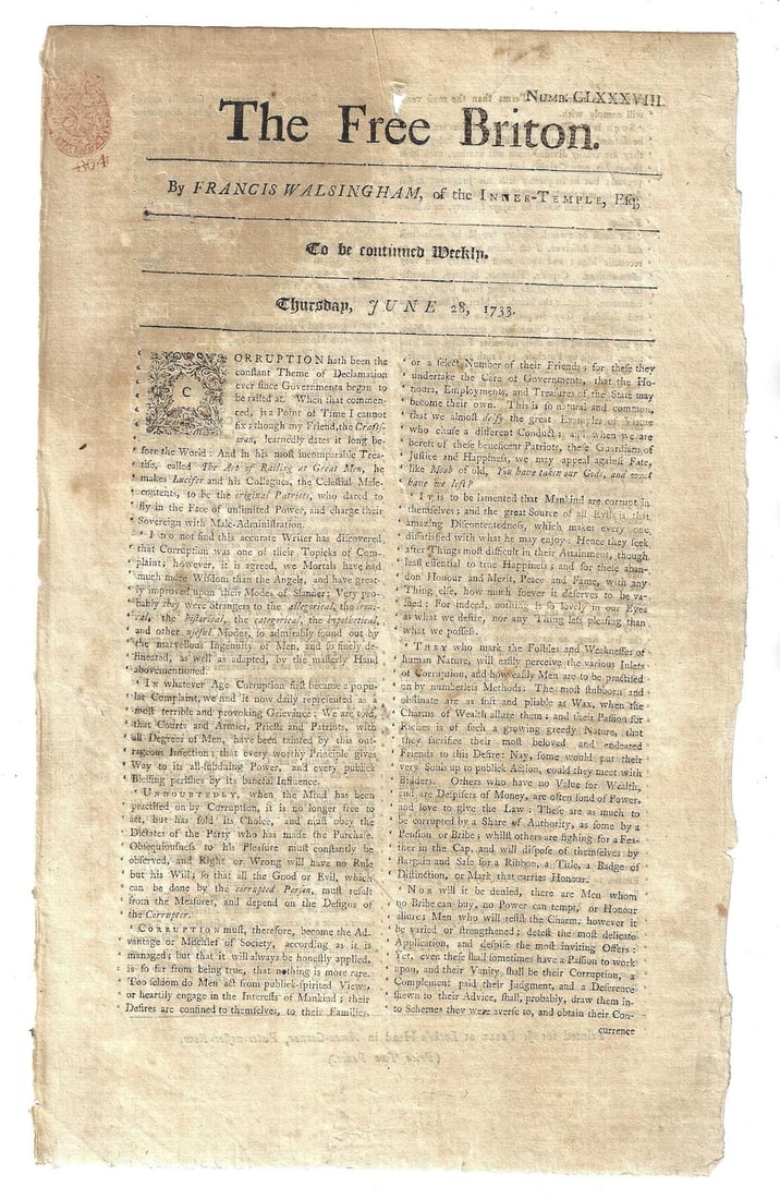 1733 The Free Briton Newspaper: Title: 1733 The Free Briton Newspaper Additional Info: The June 28, 1733 issue of "The Free Briton", published by Francis Walsingham and printed by J. Peele at London. Single sheet complete. Entire is