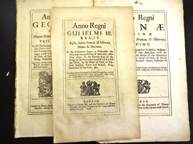 1698-1757 Three English Acts of Three Monarchs: Title: 1698-1757 Three English Acts of Three Monarchs Additional Info: Three English Acts of Parliament printed 1698 (reign of William III), 1709 (reign of Queen Anne), and 1757 (reign of George II), 