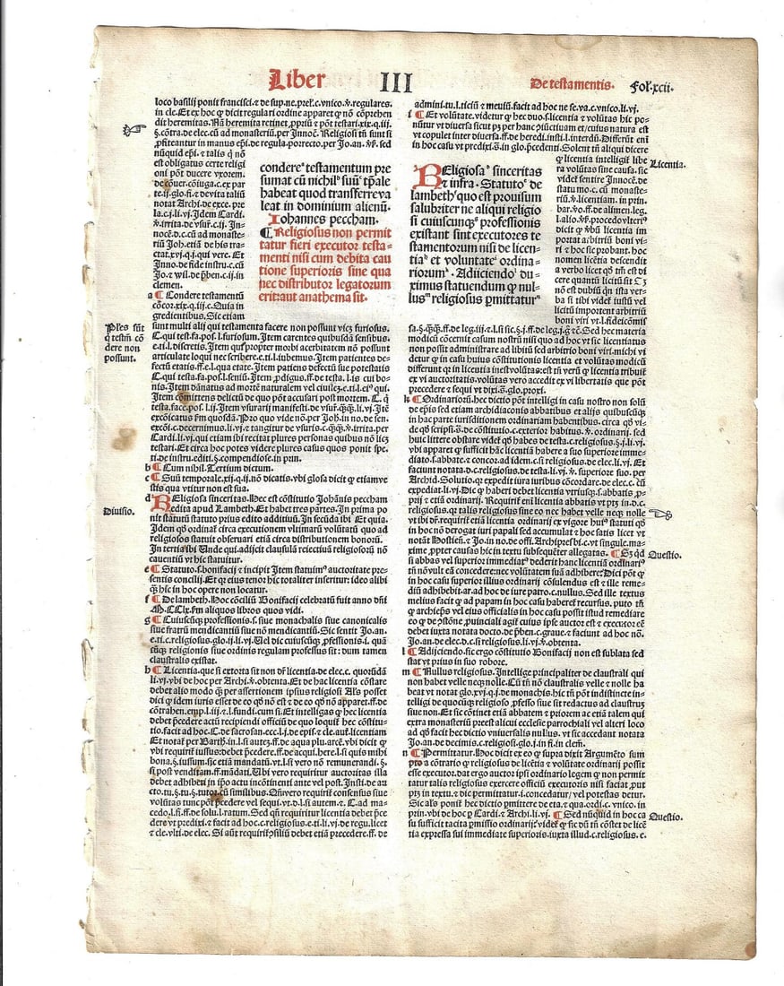 1501 Leaf Large Red and Black Canterbury Laws: Title: 1501 Leaf Large Red and Black Canterbury Laws Additional Info: A leaf from "Provinciale Seu Constitutiones Anglie", by William Lyndewood, printed at Paris by Andre Bocard in 1501. In red and bl