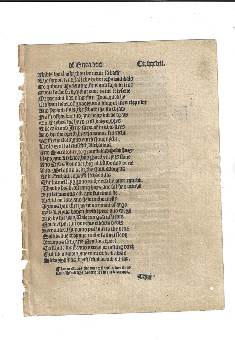 1553 Leaf English Translation of Aeneid Virgil: Title: 1553 Leaf English Translation of Aeneid Virgil Additional Info: A leaf from the 1553 translation if "The xiii Bukes of Eneados,,", of Virgil by Gavin Douglas, in Scots English, printed at Londo