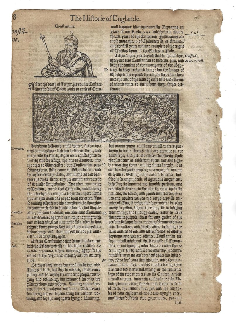 1577 English Holinshed Leaf Battle Woodcut: Title: 1577 English Holinshed Leaf Battle Woodcut Additional Info: A leaf from Holinshed "Historie of Englande", printed at London in 1577 with woodcuts both sides including a battle woodcut and anoth