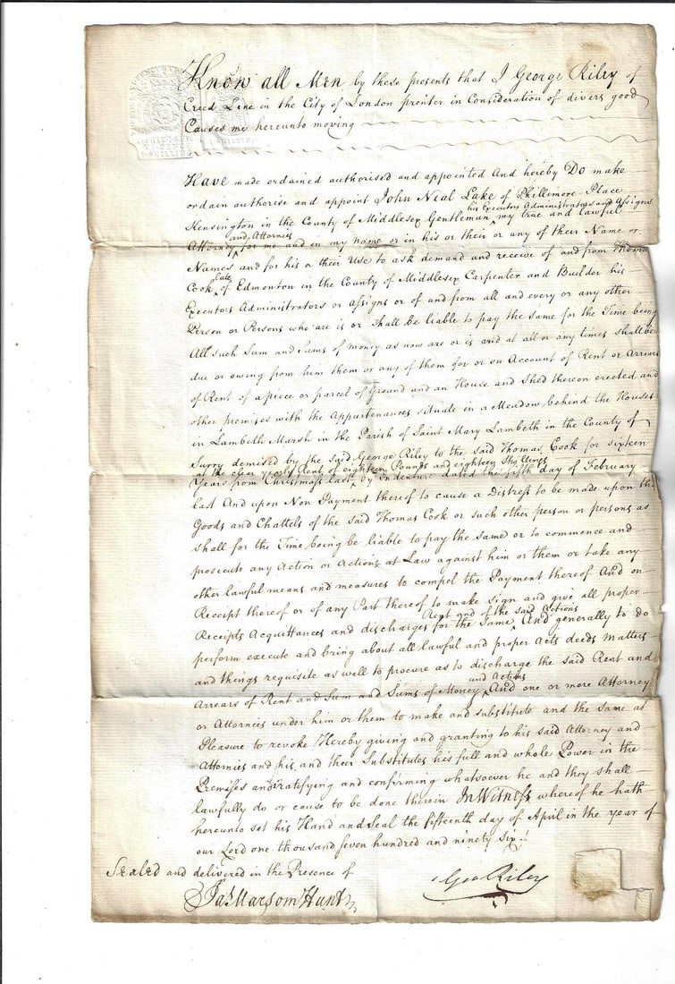 1796 English Manuscript Power of Attorney: Title: 1796 English Manuscript Power of Attorney Additional Info: English manuscript Power of Attorney on paper, regarding a James Riley of Middlesex. One folio page with sigature and paper seal and a