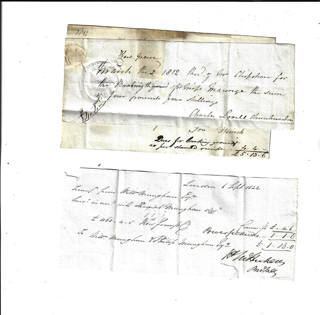 1812 English Manuscript Legal Fees Ledger: Title: 1812 English Manuscript Legal Fees Ledger Additional Info: A ledger of legal fees from Somerset House on large sheet of paper dated 1812. Fine measures 16 x 13", folded. Accompanied by two othe