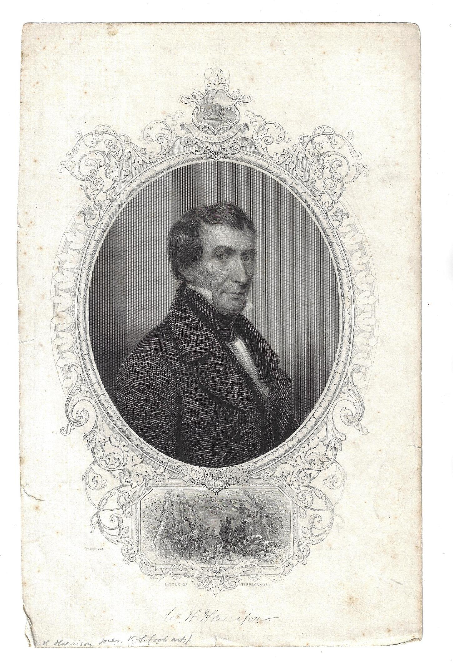 1850 Decorative Engraving William Henry Harrison: Title: 1850 Decorative Engraving William Henry Harrison Additional Info: A decorative steel engraving of William Henry Harrison, (1773-1841), President of the United States with a vignette of the