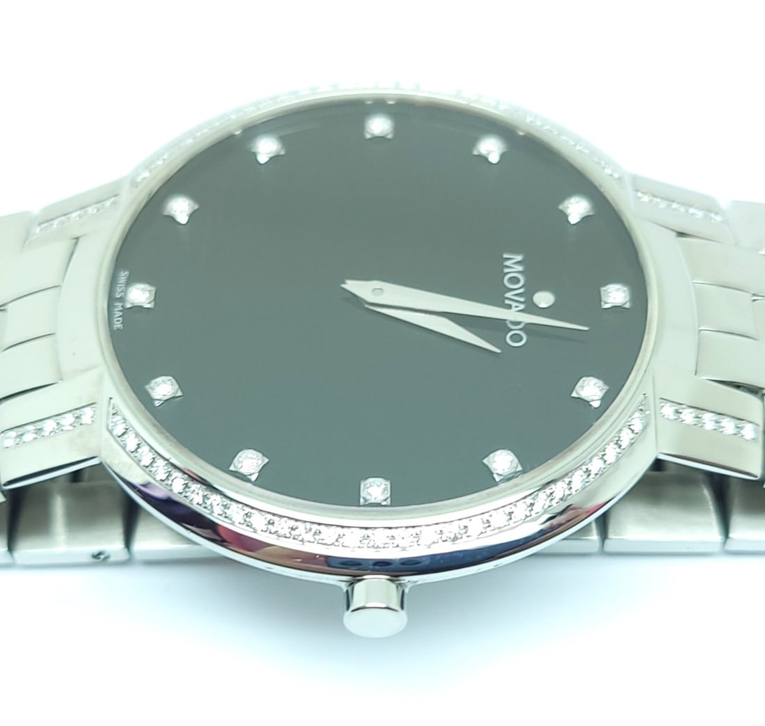 Steel MOVADO Faceto 84.45.1892 Diamond Wrist Watch 38 mm Black Dial Quartz EXLNT - 7