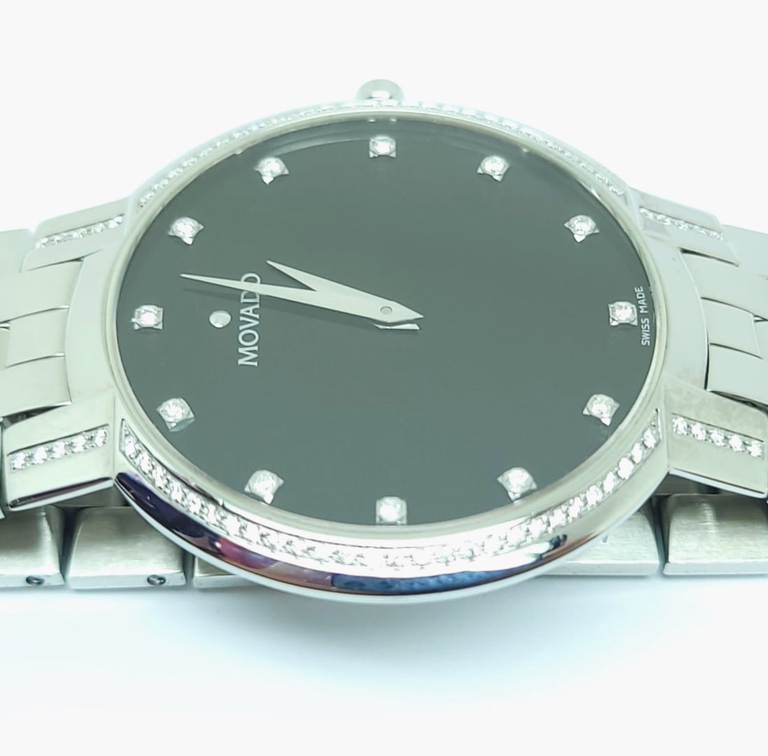 Steel MOVADO Faceto 84.45.1892 Diamond Wrist Watch 38 mm Black Dial Quartz EXLNT - 8