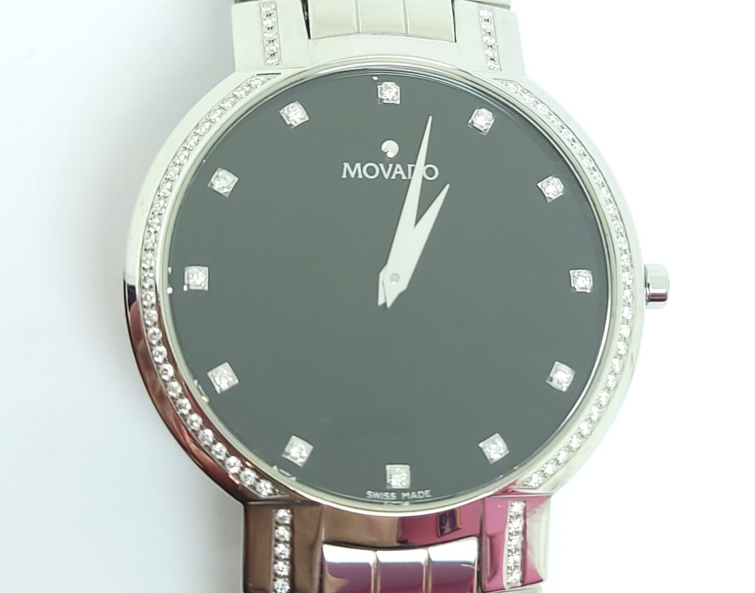 Steel MOVADO Faceto 84.45.1892 Diamond Wrist Watch 38 mm Black Dial Quartz EXLNT - 9
