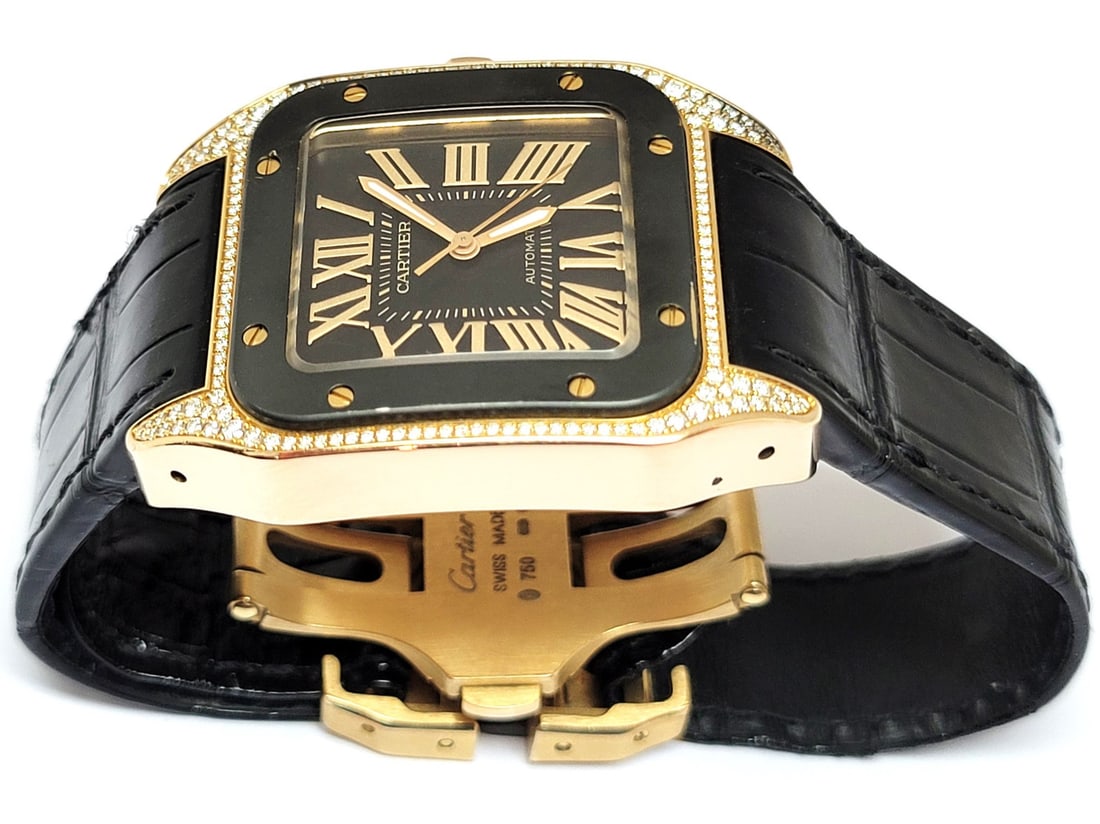 18k Rose CARTIER SANTOS 100 Black Dial Automatic Watch Ref 2879 with Diamonds - 8