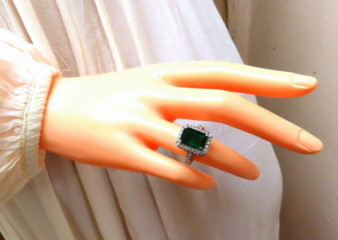 5.52ct Natural Vivid Green Emerald Diamonds Ring 14kt Mod Halo Bead Set 11179 *v - 3