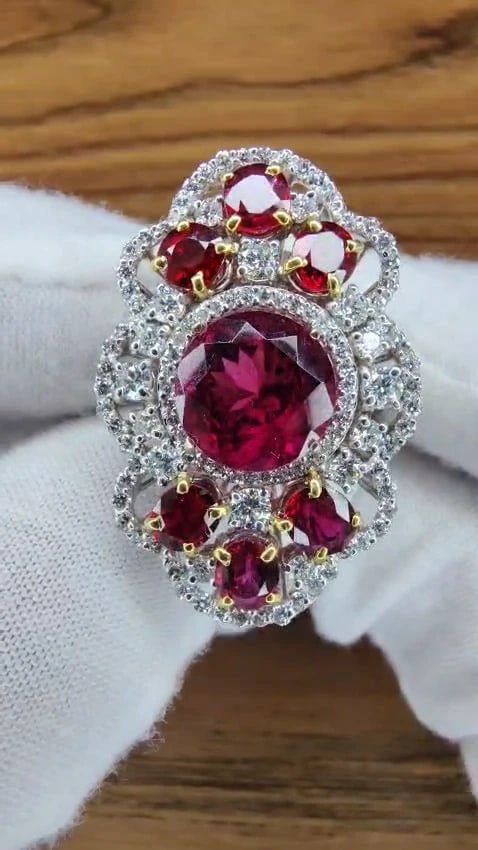 GIA Certified 8.03CT NATURAL TOURMALINE RUBELLITE RUBY DIAMOND RING 18KT 10344*v - 2