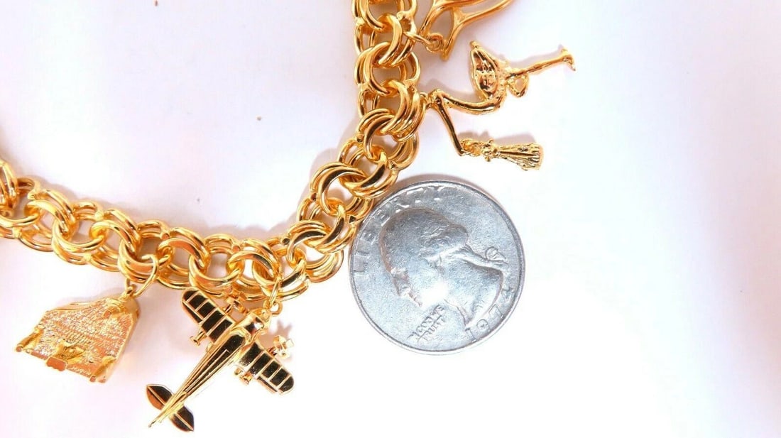 Eight Charms Link Bracelet 14kt gold 7 inch 43gm** - 11
