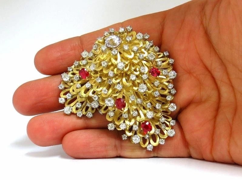 Erwin Pearl 8.00 Carat Natural Diamonds and Red Spinel Brooch 18Kt Ref 12332** - 4