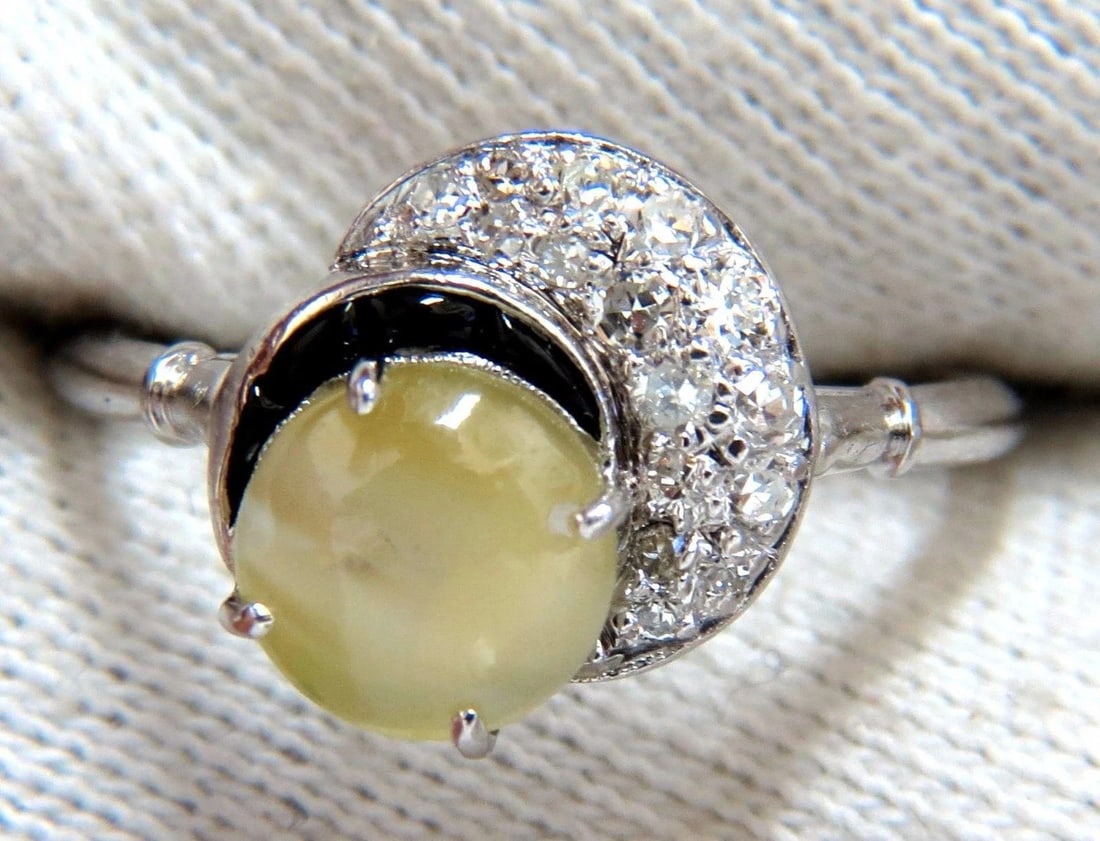1.85ct natural cabochon chrysoberyl cats eye diamonds ring 14kt Vintage 10683** - 5