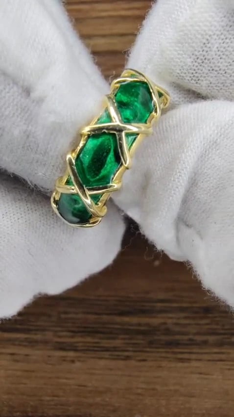 Vintage 18 Karat Gold Eternity X Green Enamel Ring 45441 *v - 2