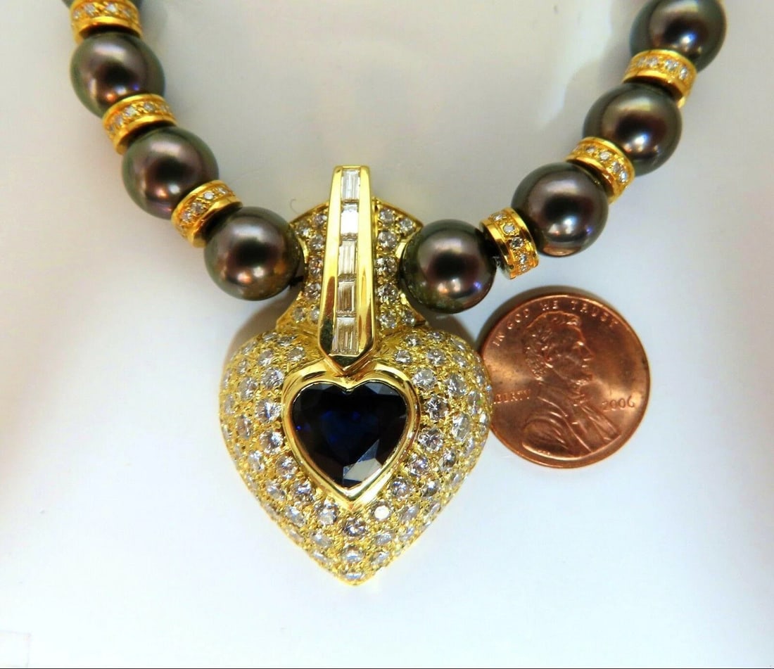 6.40ct Natural Heart Blue Sapphire Diamonds Tahitian Pearls Necklace 18 karat** - 6