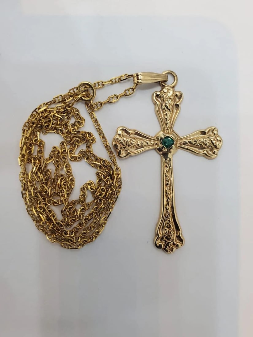 Vintage Natural Emerald Cross Pendant 14kt 47744** (1 of 5)