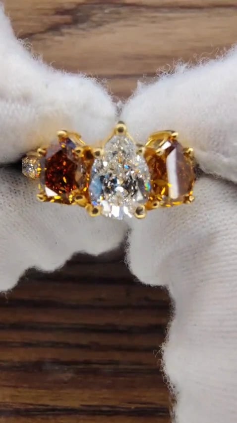 Natural .78ct Pear & 1.52ct Fancy Yellow Brown Diamonds Ring 18kt 10027 *v - 2