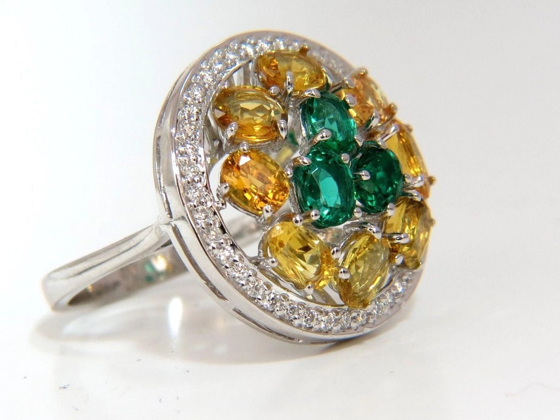 5.12CT NATURAL FANCY YELLOW SAPPHIRES VIVID GREEN EMERALDS CLUSTER RING 10003** - 5