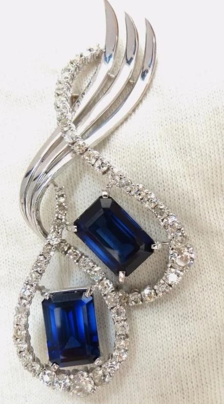 25ct Royal Blue Lab Sapphire & Natural Diamonds Brooch pin Platinum 12237** - 6