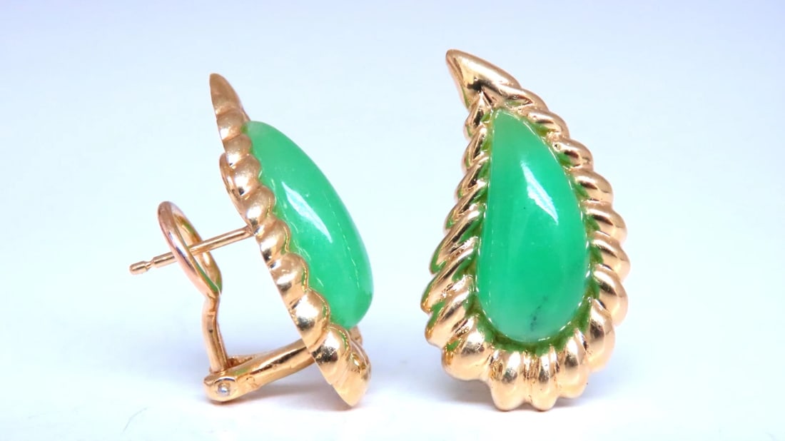 Pear Shape Jadeite Fern 3D clip earrings 18kt Gold 12603** - 3