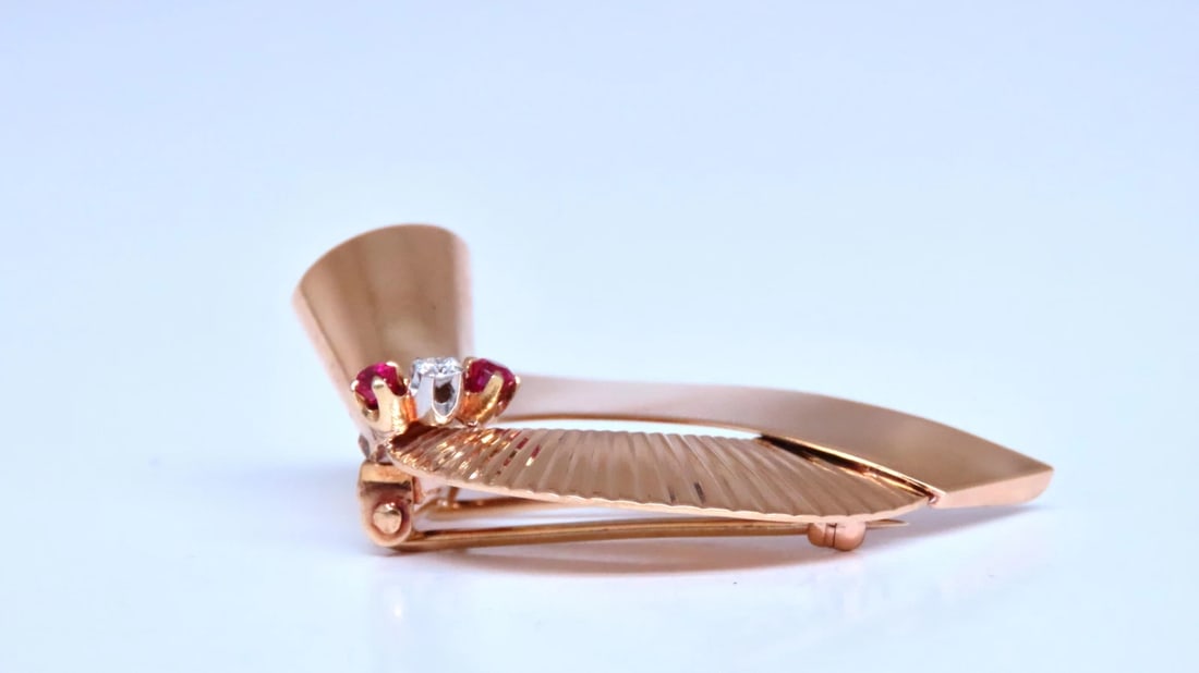 Regency Deco Ruby Diamond Swirl Brooch Pin 14kt 12533** - 4