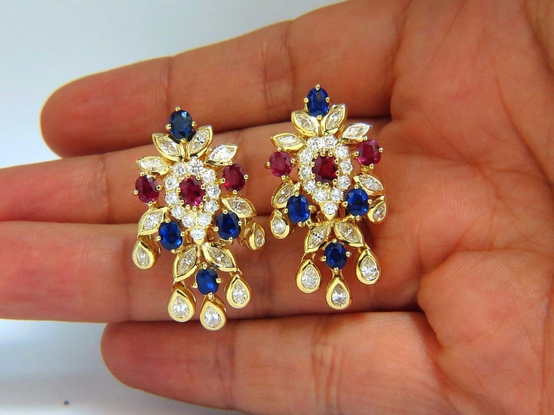 7.00ct natural sapphire ruby diamond dangle earrings 18kt cocktail** - 4