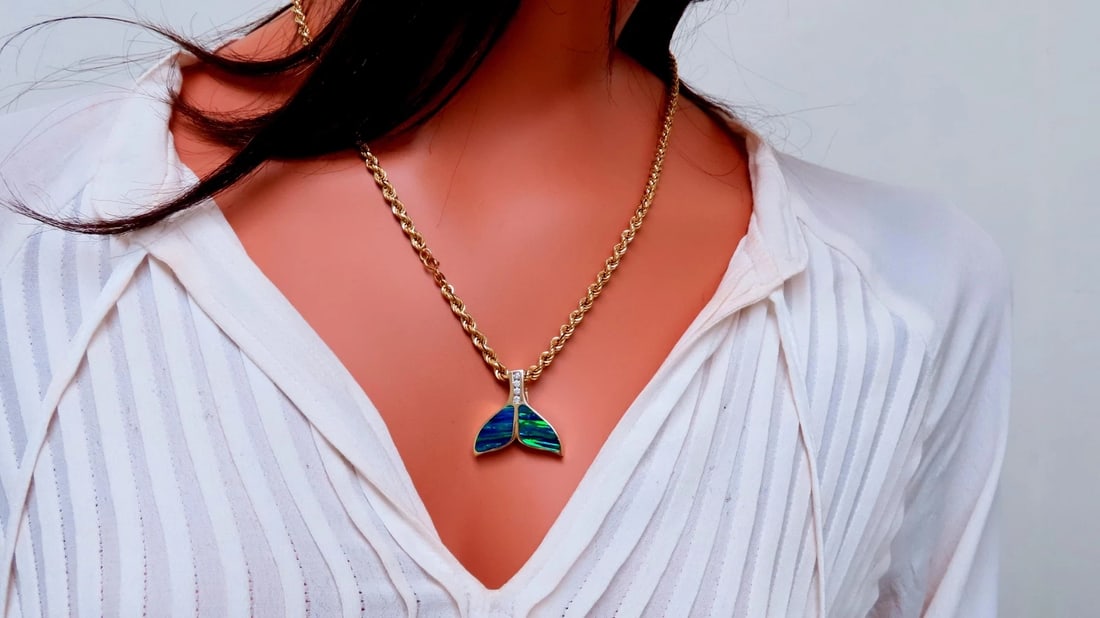 Opal Large Whale Tale Rope Chain Necklace 14kt Gold 12513** - 6