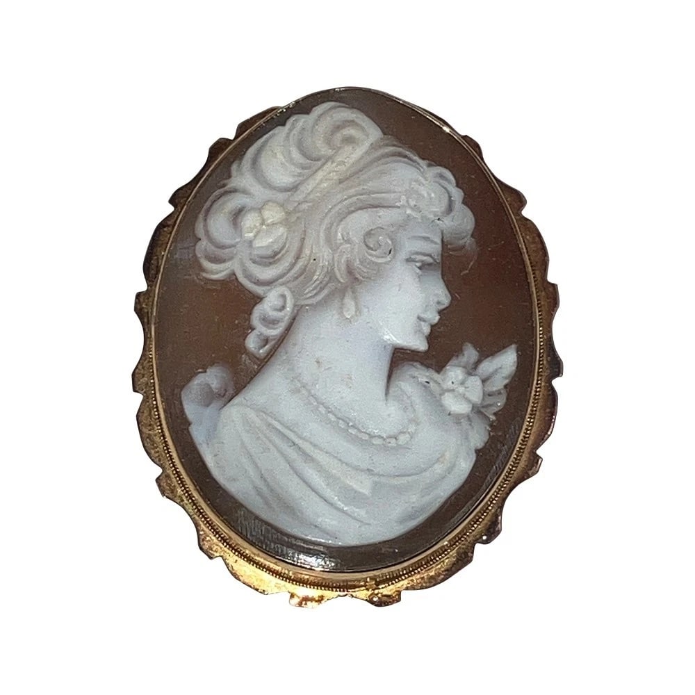 14 KT Yellow Gold Girls Profile Sardonyx Shell Oval Cameo Pendant Pin Brooch - 2