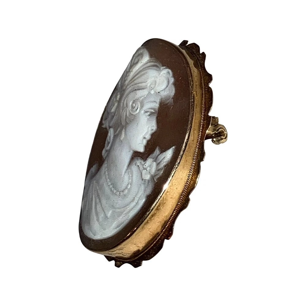 14 KT Yellow Gold Girls Profile Sardonyx Shell Oval Cameo Pendant Pin Brooch - 4