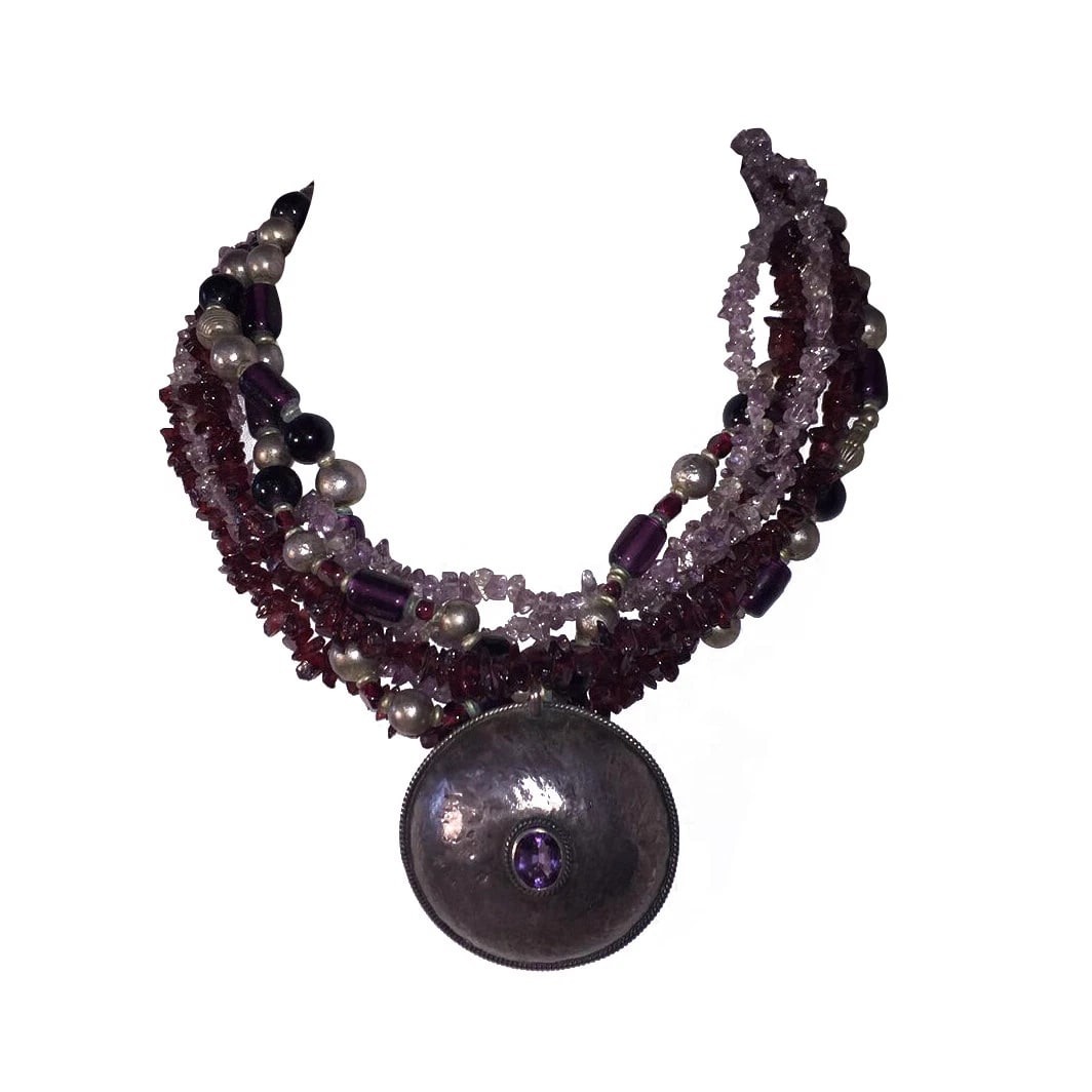Sterling Amethyst Pendant Glass Amethyst and Garnet Chip Bead Necklace - 2