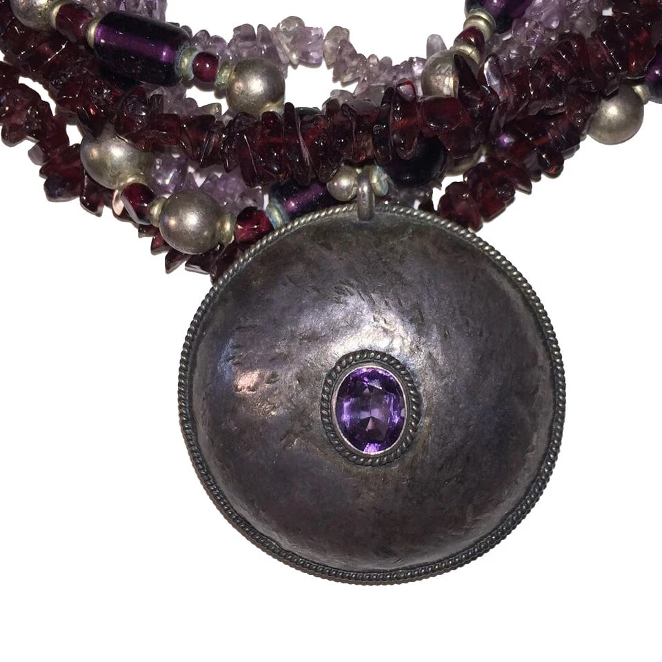 Sterling Amethyst Pendant Glass Amethyst and Garnet Chip Bead Necklace - 4