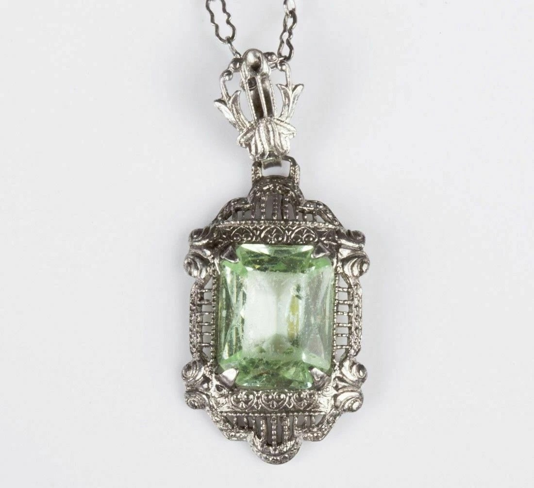 Czech Filigree Faux Peridot Glass Necklace - 2