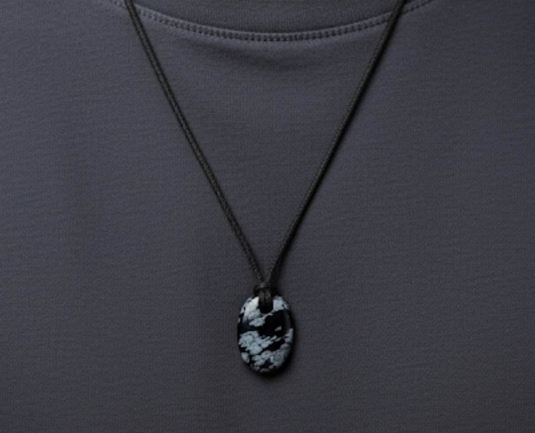 Snowflake Obsidian Oval Pendant With Adjustable Black Cord - 2